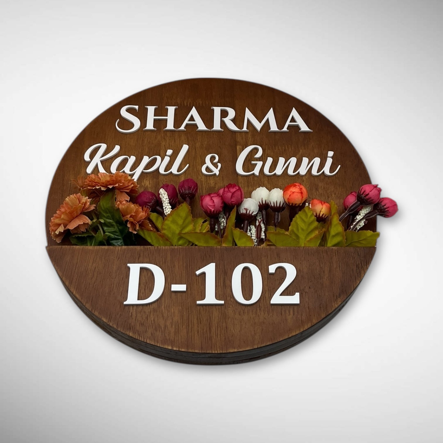 Round Shape Rubber Wood Brown Polish Planter Nameplate | Sharma