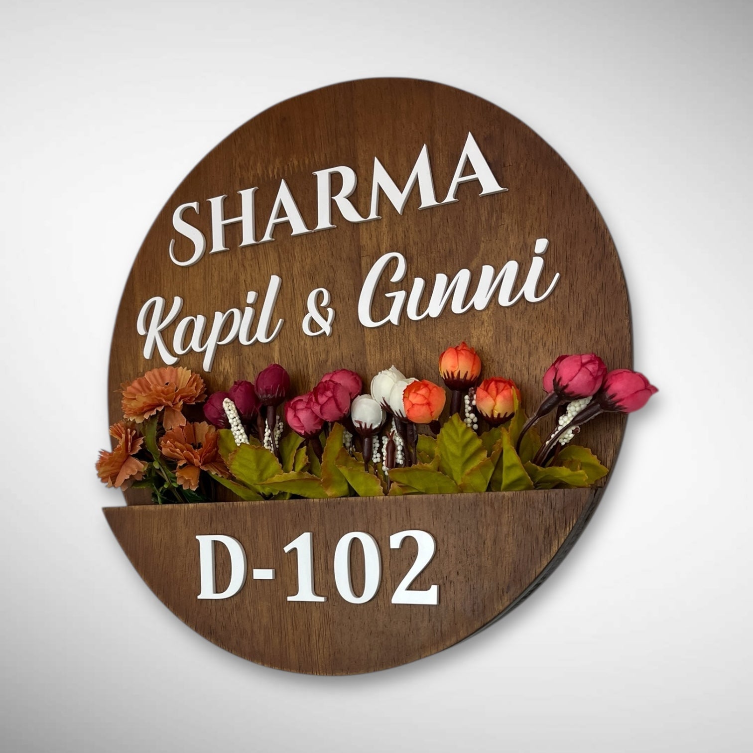 Round Shape Rubber Wood Brown Polish Planter Nameplate | Sharma