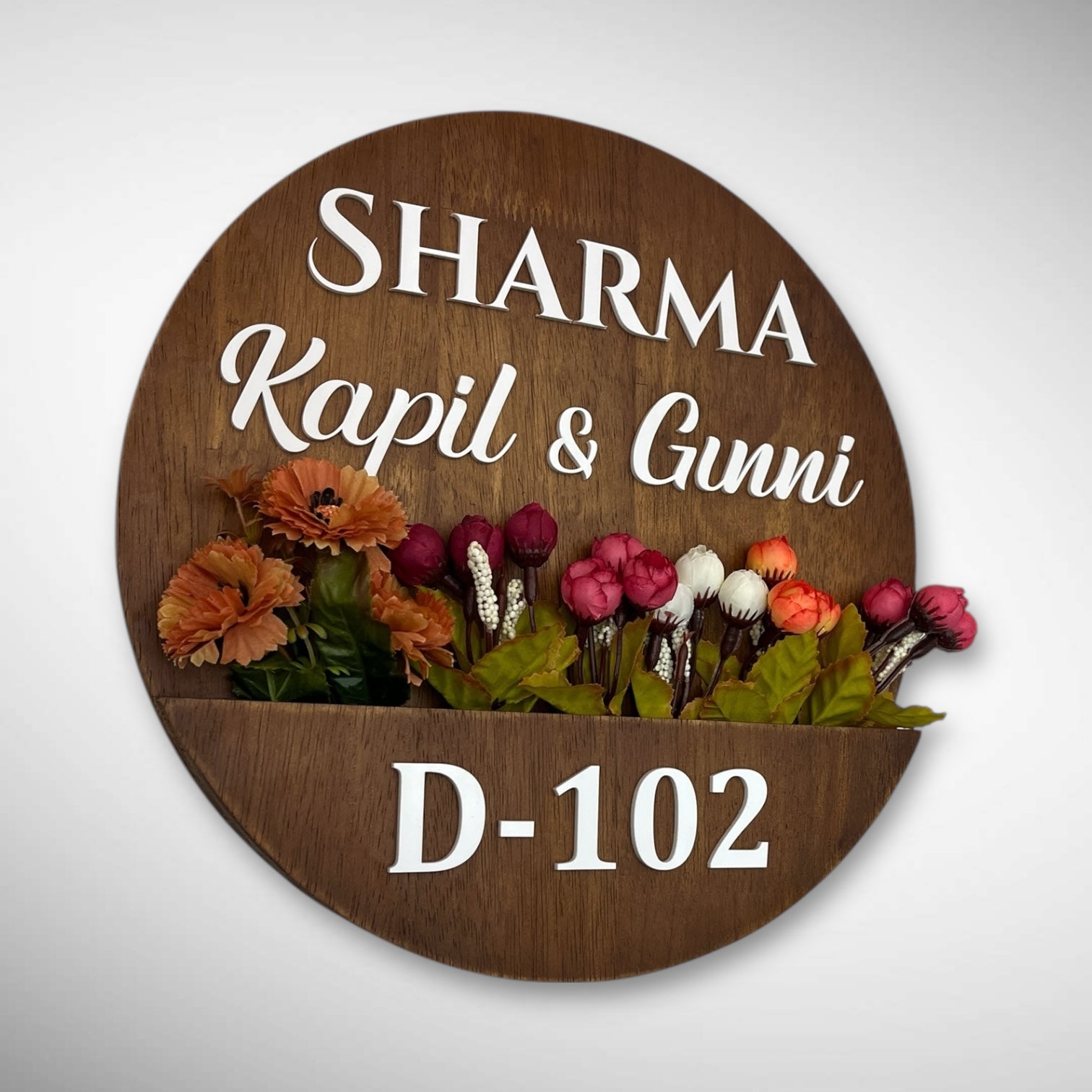 Round Shape Rubber Wood Brown Polish Planter Nameplate | Sharma