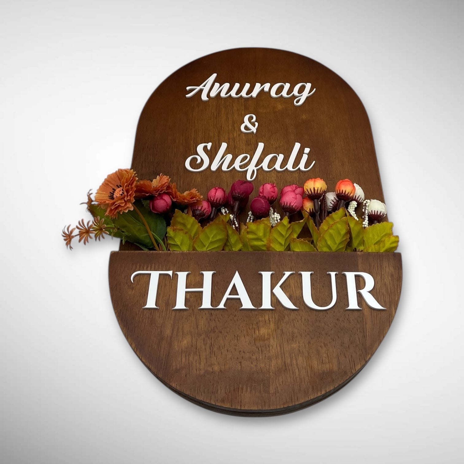 Rubber Wood Brown Polish Capsule Shape Planter Nameplate | Anurag & Shefali