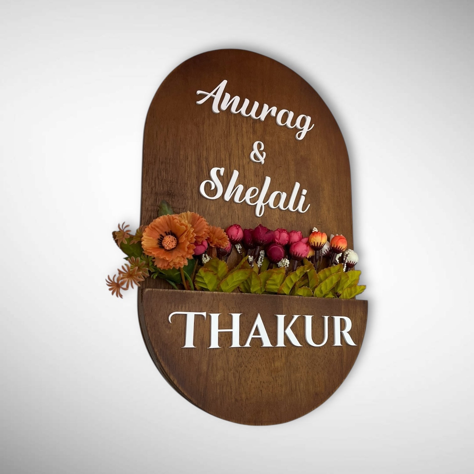 Rubber Wood Brown Polish Capsule Shape Planter Nameplate | Anurag & Shefali