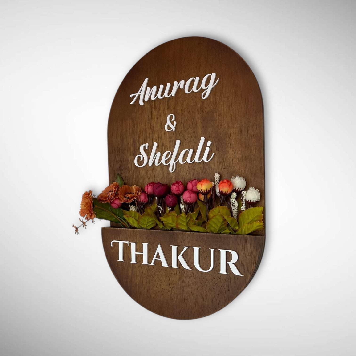 Rubber Wood Brown Polish Capsule Shape Planter Nameplate | Anurag & Shefali