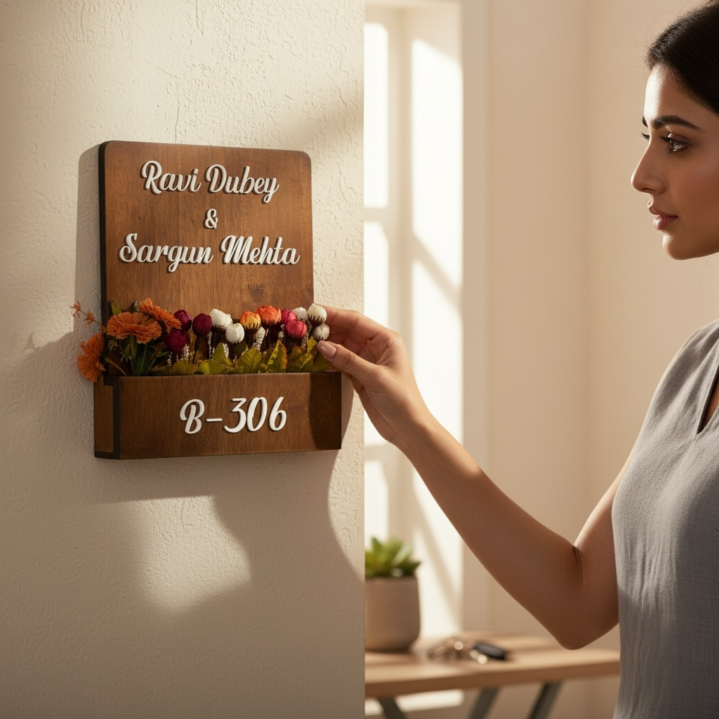 Rubber Wood Brown Polish Planter Nameplate | Ravi Dubey