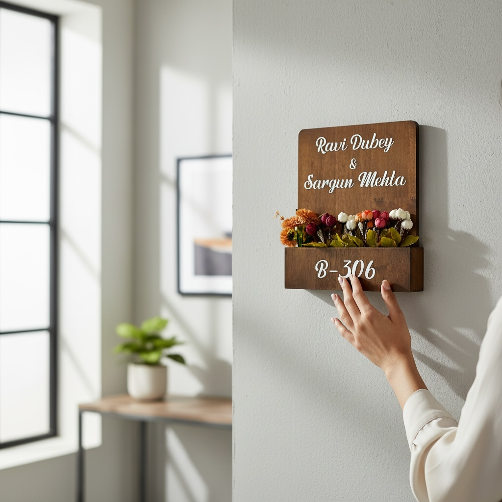 Rubber Wood Brown Polish Planter Nameplate | Ravi Dubey