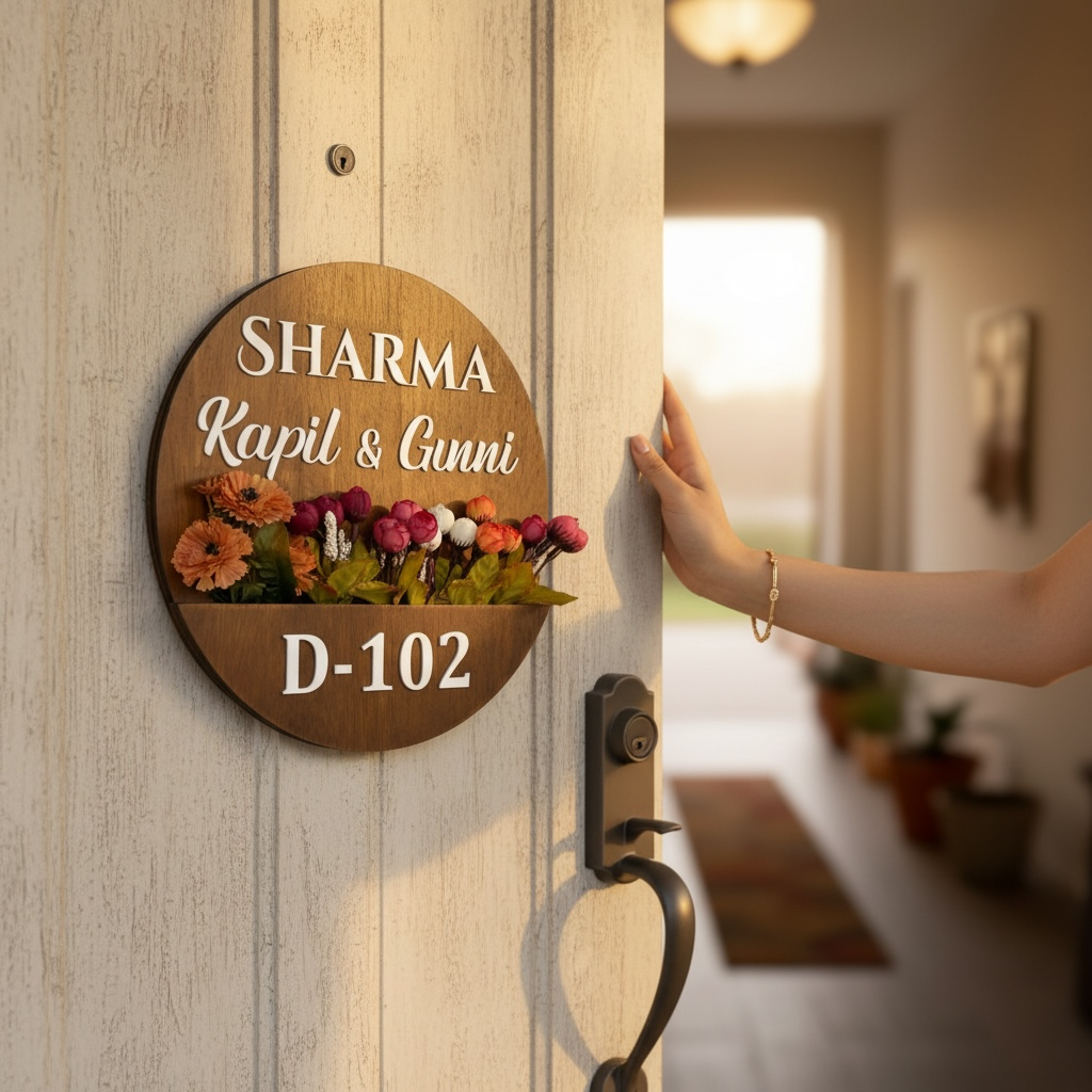 Round Shape Rubber Wood Brown Polish Planter Nameplate | Sharma