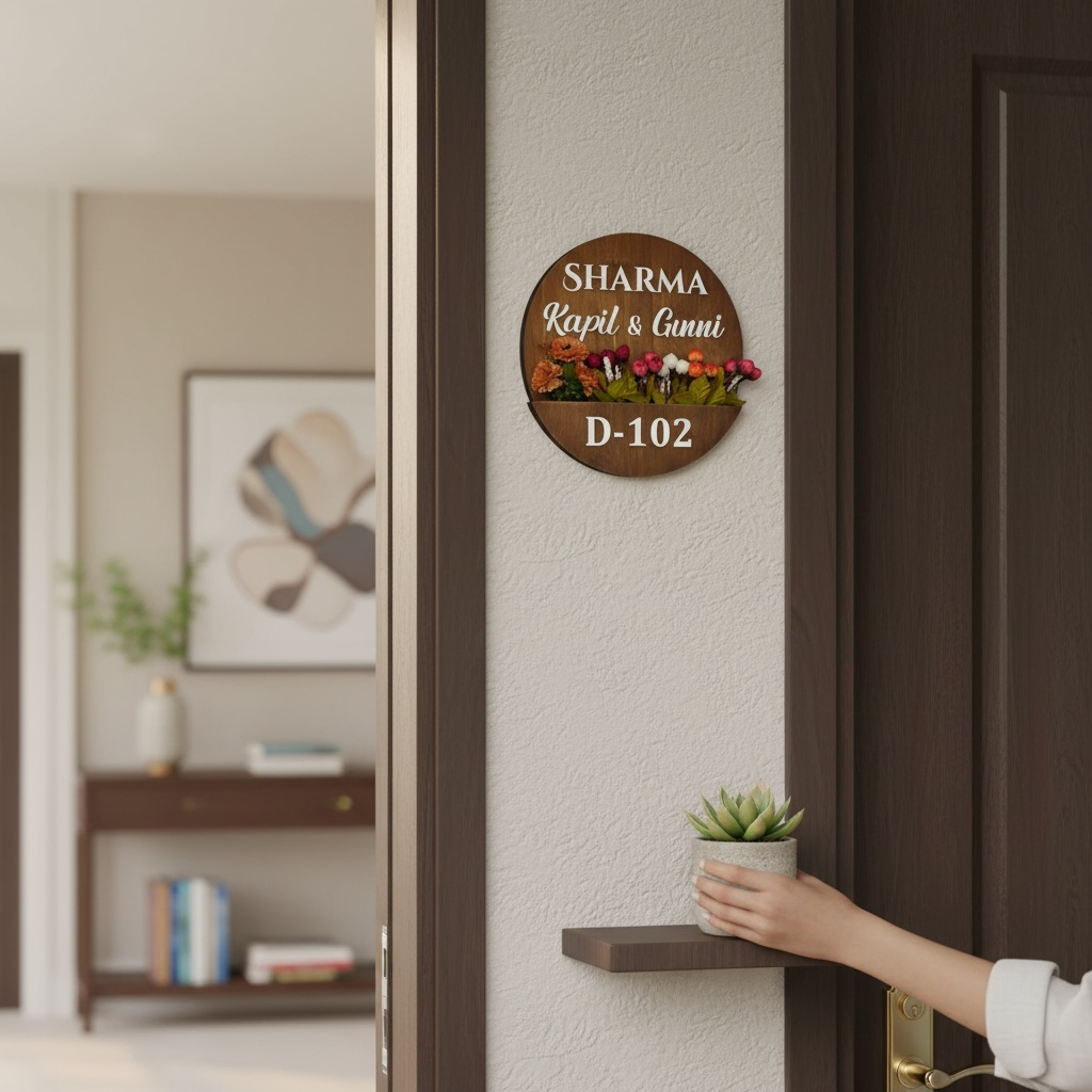 Round Shape Rubber Wood Brown Polish Planter Nameplate | Sharma