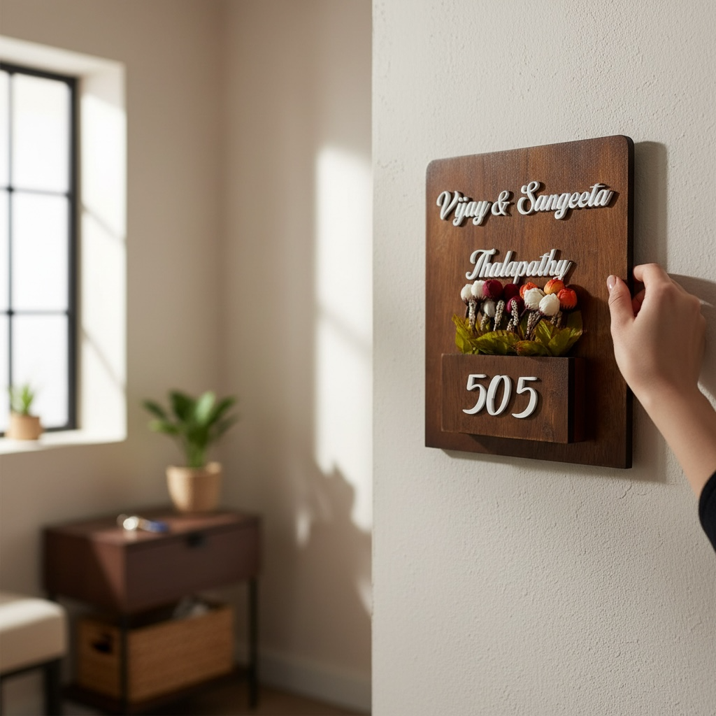 Rubber Wood Brown Polish Planter Nameplate | Thalapathy