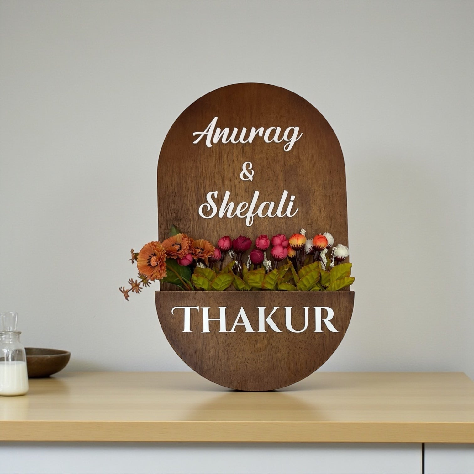 Rubber Wood Brown Polish Capsule Shape Planter Nameplate | Anurag & Shefali