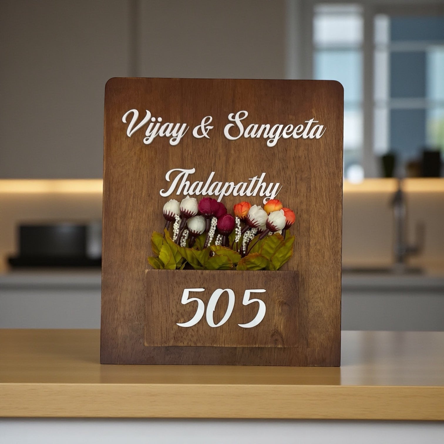 Rubber Wood Brown Polish Planter Nameplate | Thalapathy