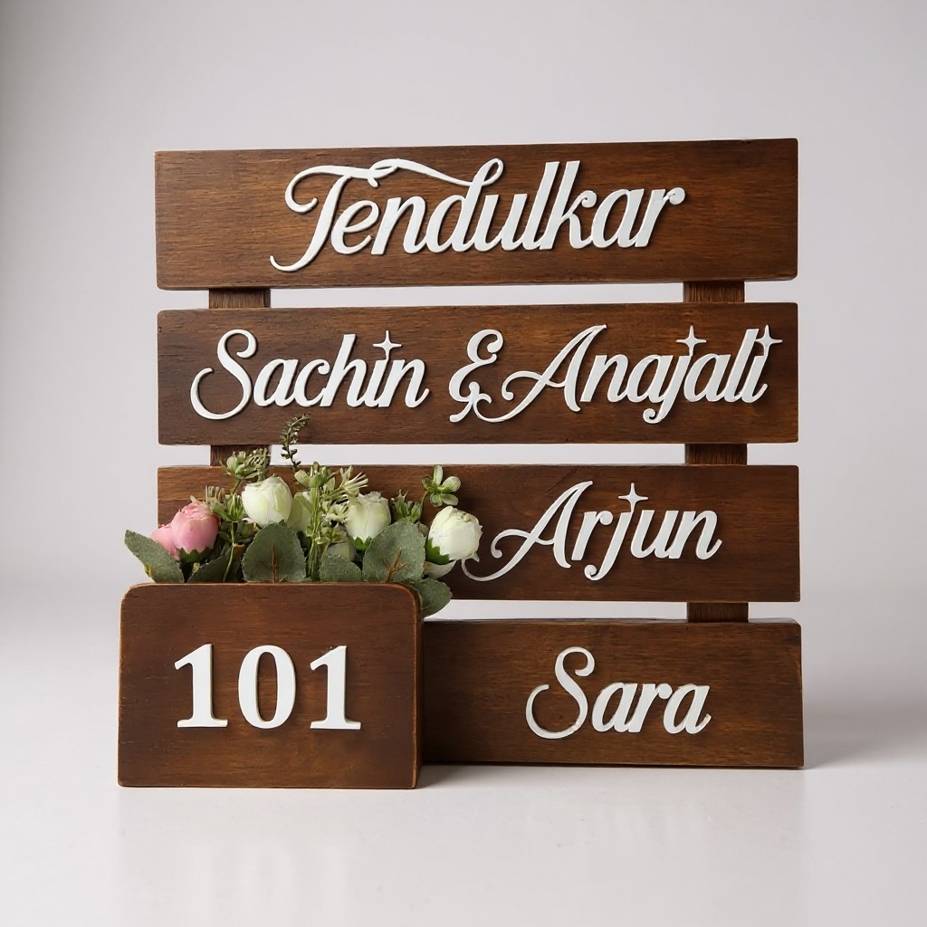 Brown Rubber Wood Flower Pattern Nameplate | Tendulkar