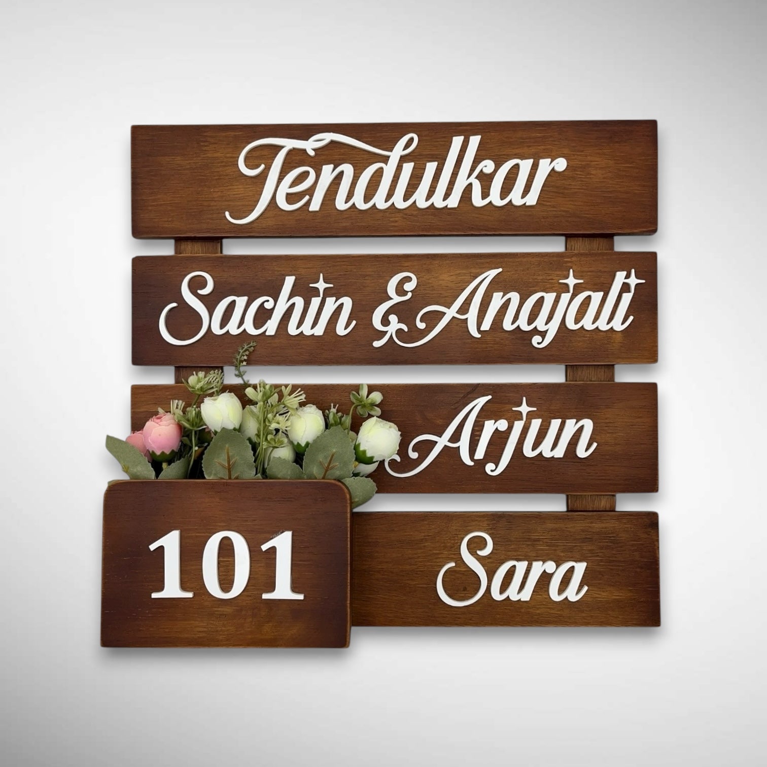 Brown Rubber Wood Flower Pattern Nameplate | Tendulkar