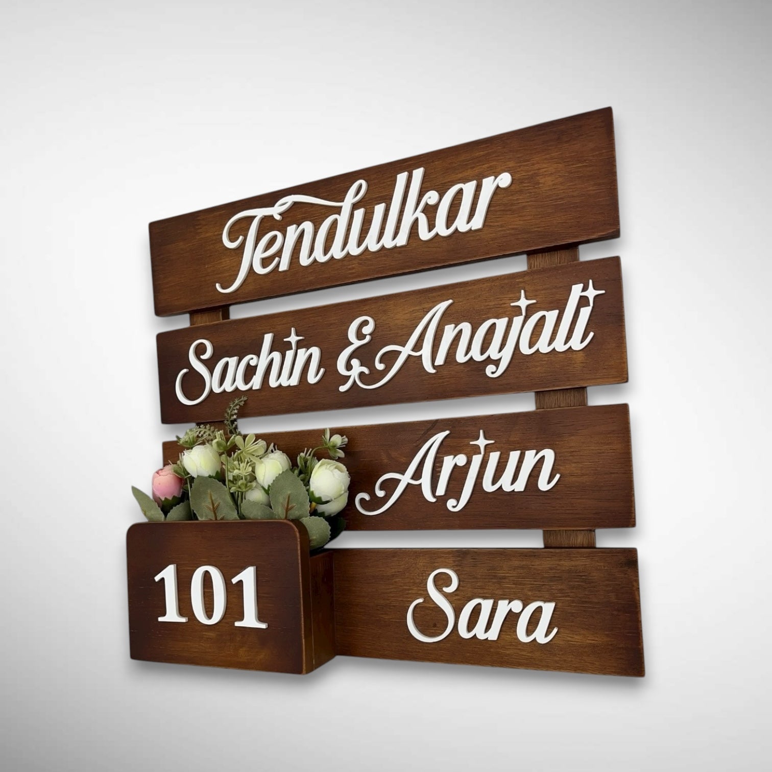 Brown Rubber Wood Flower Pattern Nameplate | Tendulkar