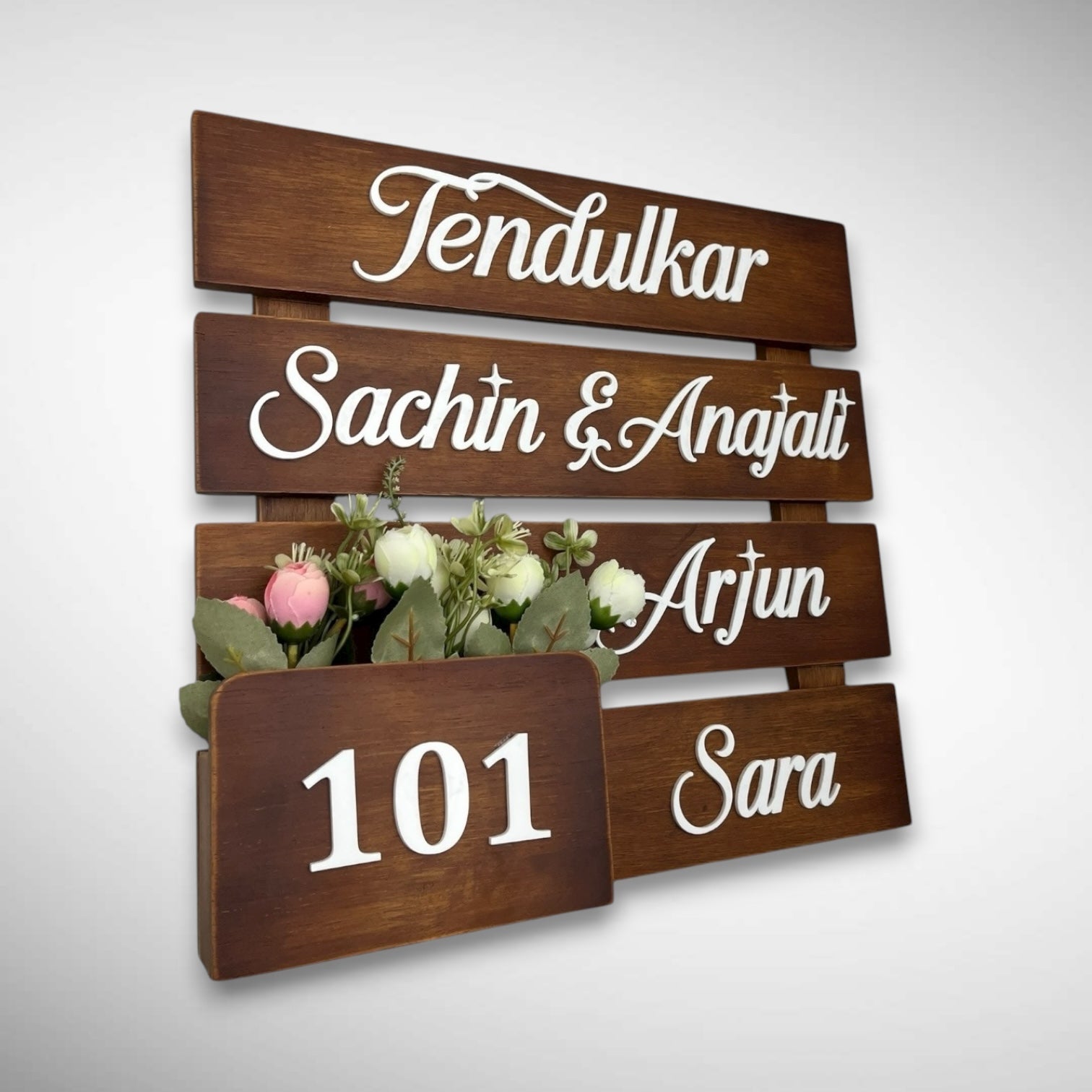 Brown Rubber Wood Flower Pattern Nameplate | Tendulkar